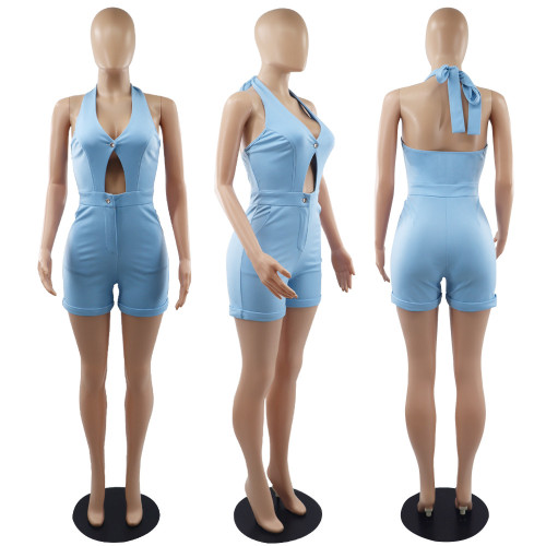 Solid Color High Waist Sexy Cutout Sleeveless Tie Jumpsuit