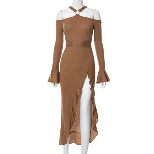 Solid halter neck off-the-shoulder flared-sleeve high-waisted side-opening french dress