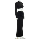Solid Color Casual Long Sleeve Turtleneck Top Gathered Maxi Dress Set