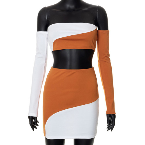 One-shoulder contrast color wrap chest long-sleeved top and hip skirt suit