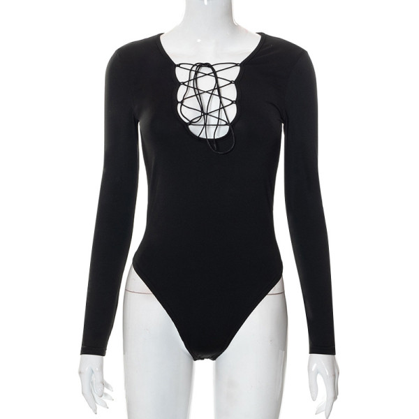 Long Sleeve Solid Tie Cutout Slim Bodysuit