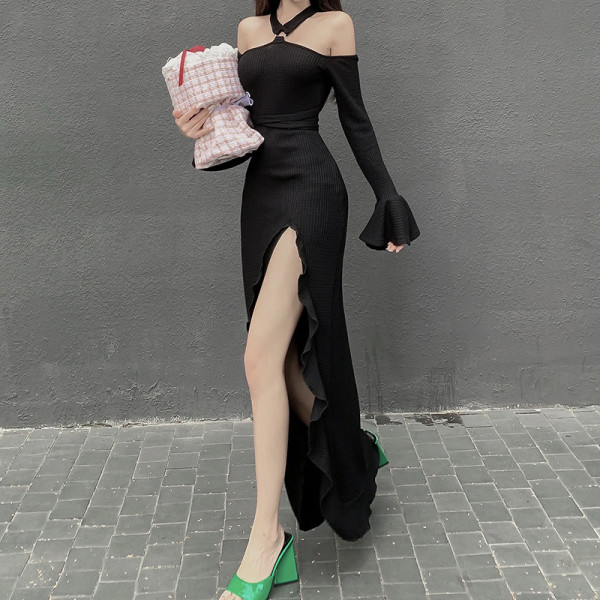 Solid halter neck off-the-shoulder flared-sleeve high-waisted side-opening french dress