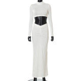 Solid Color Casual Long Sleeve Turtleneck Top Gathered Maxi Dress Set