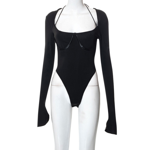 Long Sleeve Solid Wrap Busty Hottie Slim Fit Tie One Piece