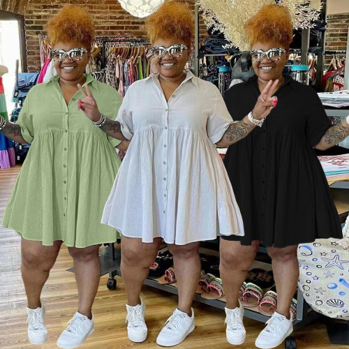 single breasted plus size fat woman cotton and linen dress