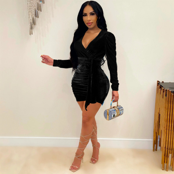 Solid color gold velvet pleated sexy deep V-neck hip nightclub dress Evening dress