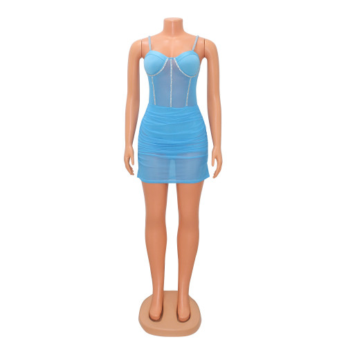 Sexy Skinny Mesh See-Through Diamond Pleated Slip Dress