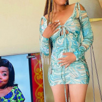 Printed temperament hollow lace-up pleated long-sleeve mid-waist bag hip dress