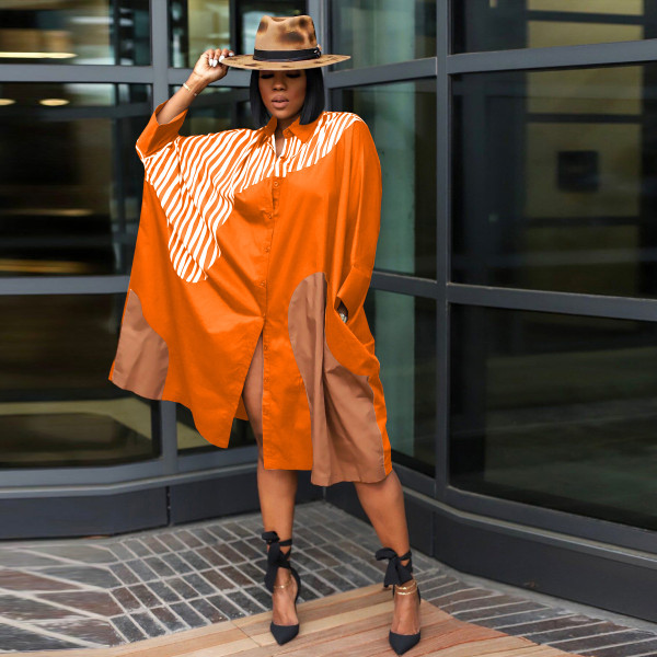 Plus Size Colorblock Loose Doll Sleeve Shirt Lazy Dress