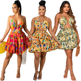 Fashion Sexy Print Lace-Up Backless Dress