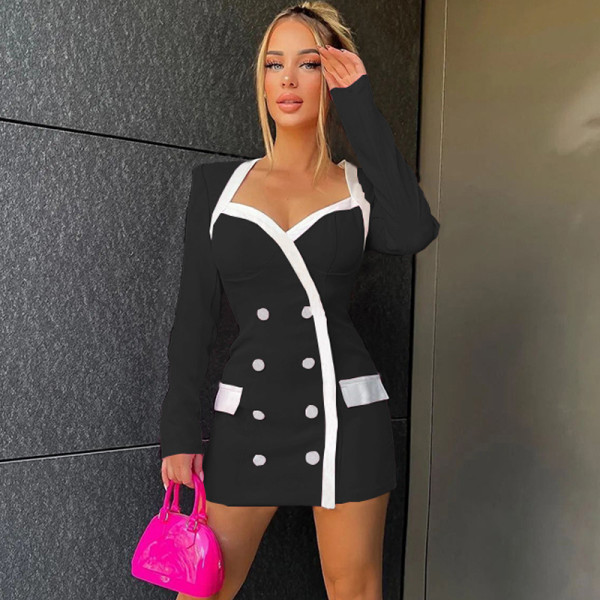 Square Neck Contrast Double Breasted Long Sleeve Commuter Short Dress