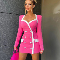 Square Neck Contrast Double Breasted Long Sleeve Commuter Short Dress