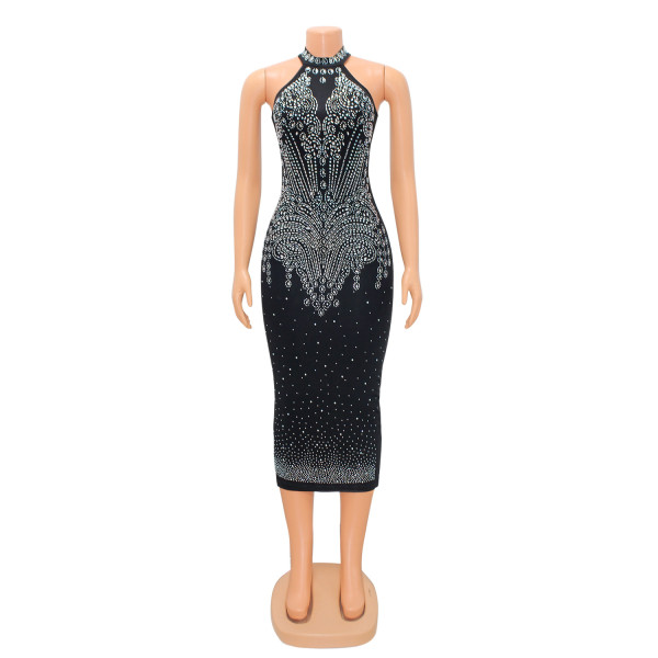 Women's Sex Nightclub Sleeveless Halter Drill Midi Dress
