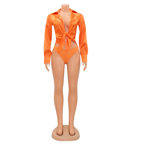 Women's Fashion Sexy V-Neck Tie Long Sleeve Bodysuit