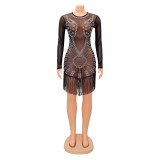 Fashion Sexy Mesh Hot Drilling Fringe Long Sleeve Ladies Dress