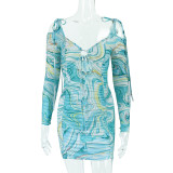 Printed temperament hollow lace-up pleated long-sleeve mid-waist bag hip dress