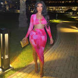 Long Sleeve Hollow Top High Waist Pack Hip Irregular Short Skirt Fashion Two Piece Set