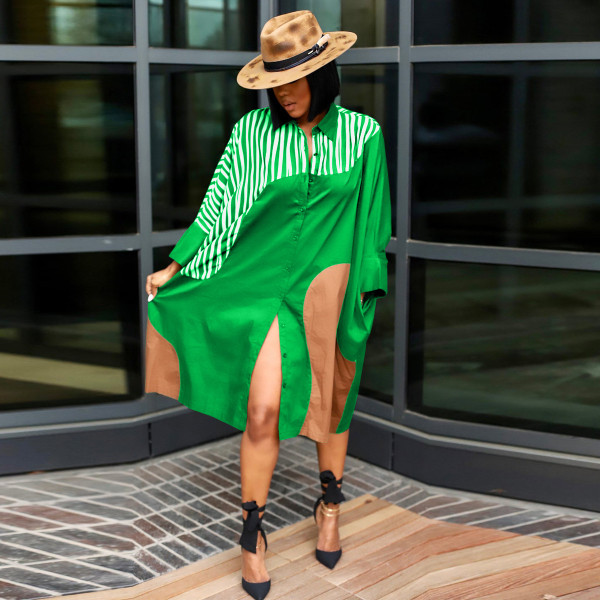 Plus Size Colorblock Loose Doll Sleeve Shirt Lazy Dress