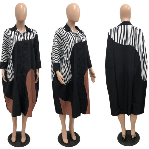 Plus Size Colorblock Loose Doll Sleeve Shirt Lazy Dress