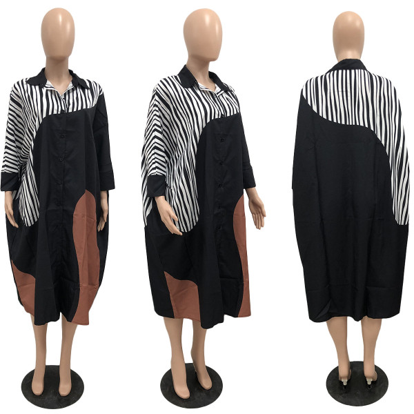 Plus Size Colorblock Loose Doll Sleeve Shirt Lazy Dress