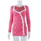 Square Neck Contrast Double Breasted Long Sleeve Commuter Short Dress