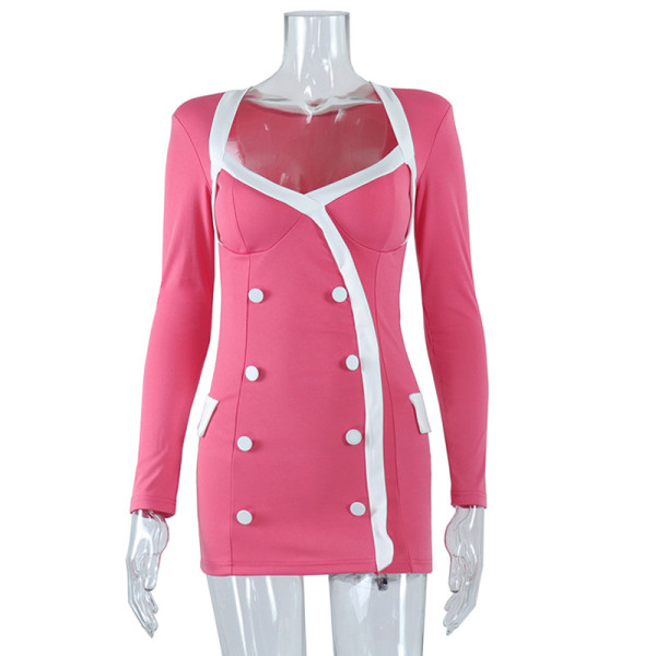 Square Neck Contrast Double Breasted Long Sleeve Commuter Short Dress