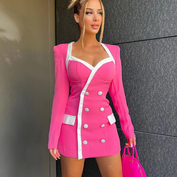 Square Neck Contrast Double Breasted Long Sleeve Commuter Short Dress