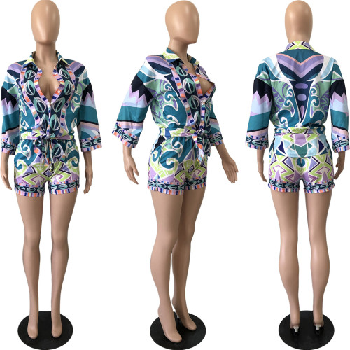 location print shirt shorts casual suit