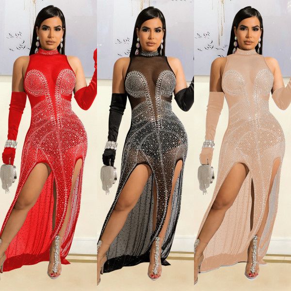 Women's Fashion Sexy Mesh Hot Drill Perspective Dress