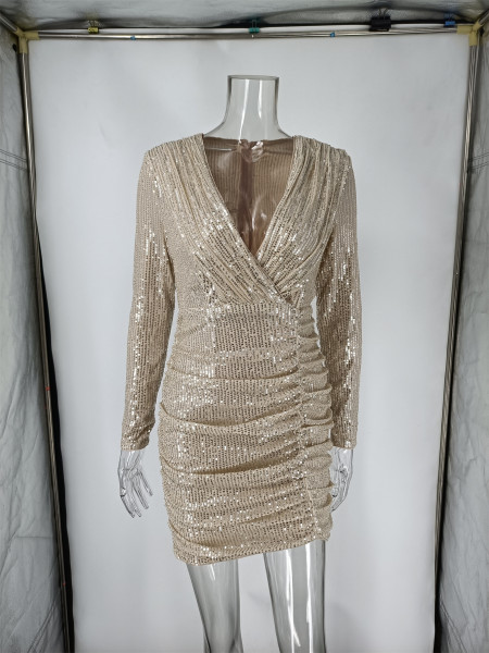 Women's sexy sequins package hip skirt temperament high-end hot girl party low-cut v-neck long-sleeved dress
