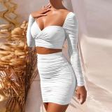 Long-sleeved hip skirt sexy low-cut pleated two-piece dress