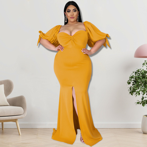 Plus Size Women's Willow Leaf Edge Puff Sleeve Slit Big Hem Fashion Dress
