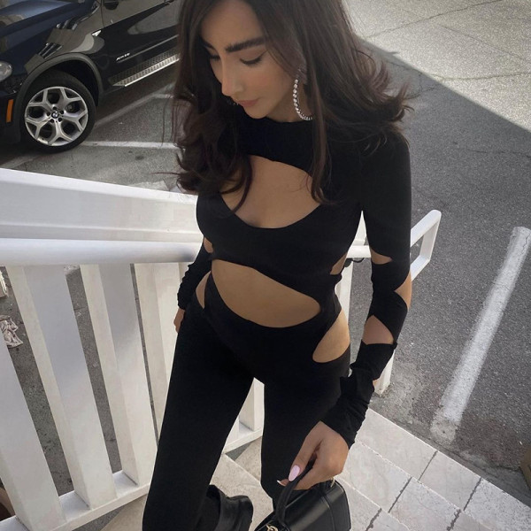 Sexy Hollow Hole Long Sleeve Ladies Casual Pants