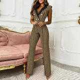 Colorblock Twist Button V-Neck Sleeveless Houndstooth Jumpsuit Business Wear