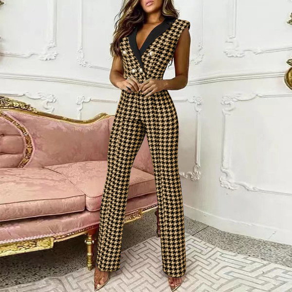 Colorblock Twist Button V-Neck Sleeveless Houndstooth Jumpsuit Business Wear