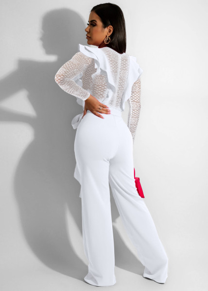 Fashion Sexy Business Slim V-Neck Lace Perspective Jumpsuit