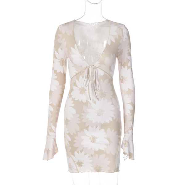 Flower print women's sexy deep V stitching lace-up long-sleeved ruffled hip dress