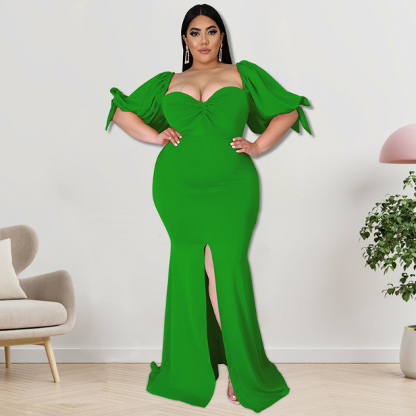 Plus Size Women's Willow Leaf Edge Puff Sleeve Slit Big Hem Fashion Dress