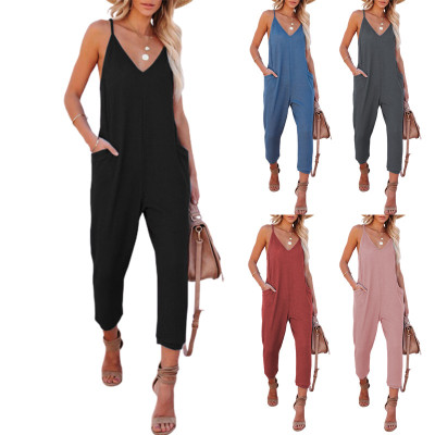 Solid Color Waffle Casual Fashion Solid Color V-Neck Sling Pocket Jumpsuit