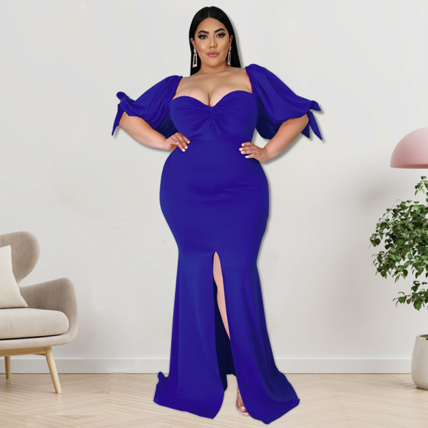 Plus Size Women's Willow Leaf Edge Puff Sleeve Slit Big Hem Fashion Dress
