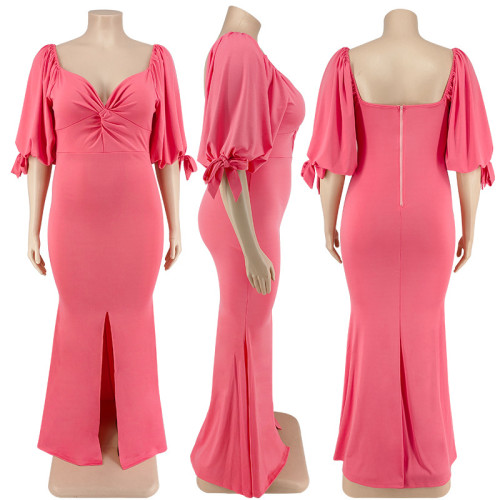Plus Size Women's Willow Leaf Edge Puff Sleeve Slit Big Hem Fashion Dress
