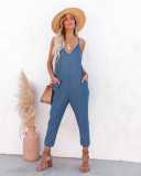 Solid Color Waffle Casual Fashion Solid Color V-Neck Sling Pocket Jumpsuit