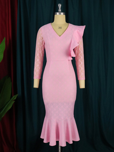 Plus size women's retro lace fungus trimmed party party fishtail dress