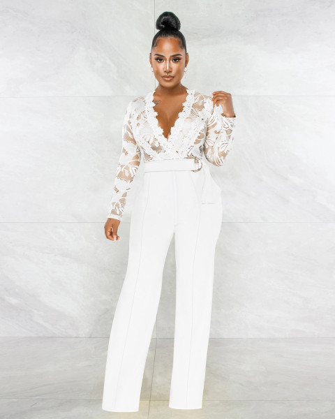 Fashion Sexy Casual Slim Fit V-Neck Lace Perspective Jumpsuit