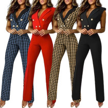 Colorblock Twist Button V-Neck Sleeveless Houndstooth Jumpsuit Business Wear