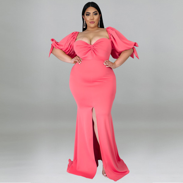 Plus Size Women's Willow Leaf Edge Puff Sleeve Slit Big Hem Fashion Dress