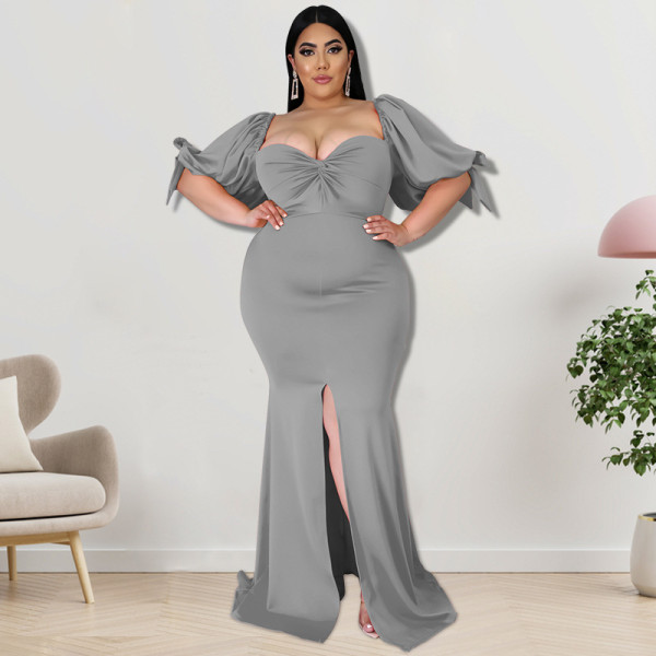 Plus Size Women's Willow Leaf Edge Puff Sleeve Slit Big Hem Fashion Dress
