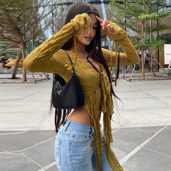 Solid Color Cardigan V-Neck Street Style Lace-Up Long Sleeve Spice Girl T-Shirt