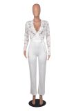 Fashion Sexy Casual Slim Fit V-Neck Lace Perspective Jumpsuit