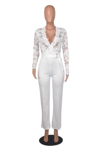 Fashion Sexy Casual Slim Fit V-Neck Lace Perspective Jumpsuit